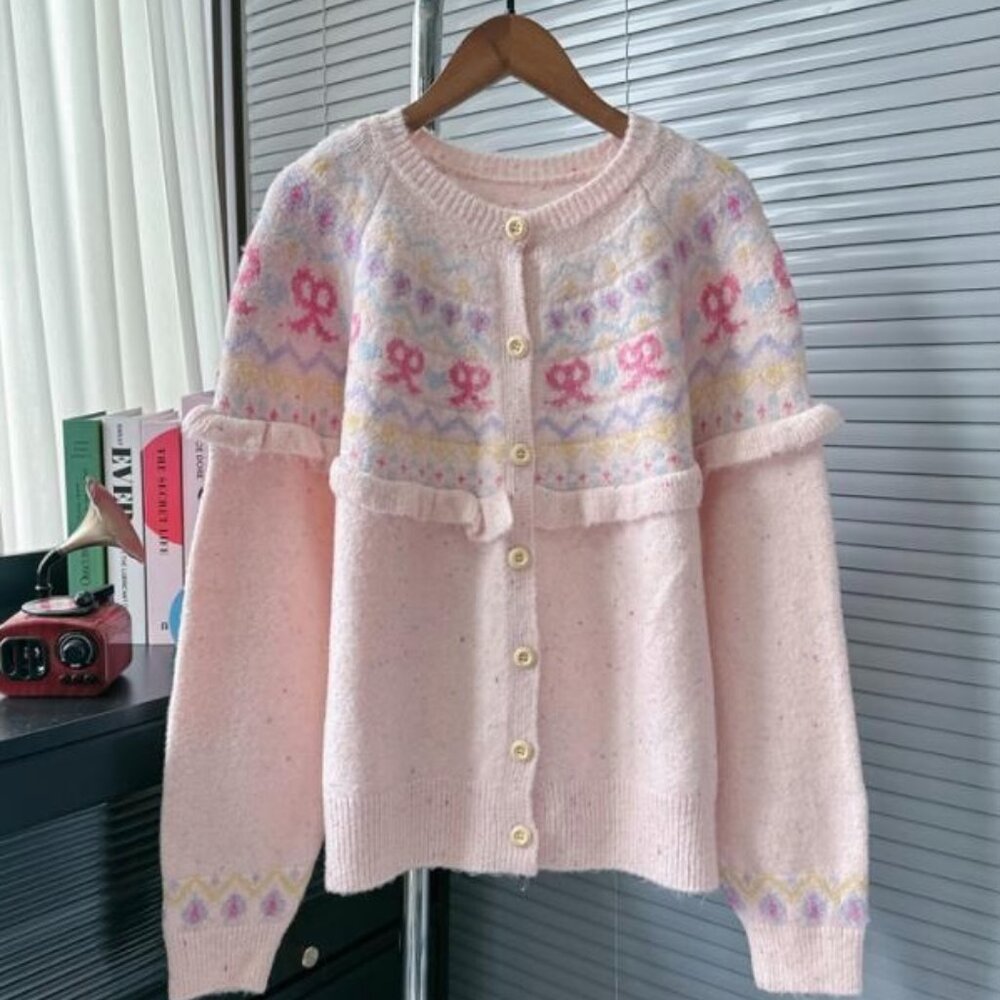 Vintage Cardigan Knited Sweater  Sz: Med  So So So Cute Bow/Floral Print Button